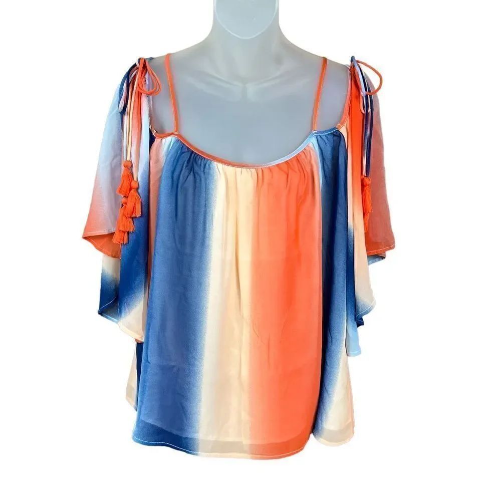 entro Cold Shoulder Top Orange Blue Ivory Short Bell Sleeves Tassel Ties Medium